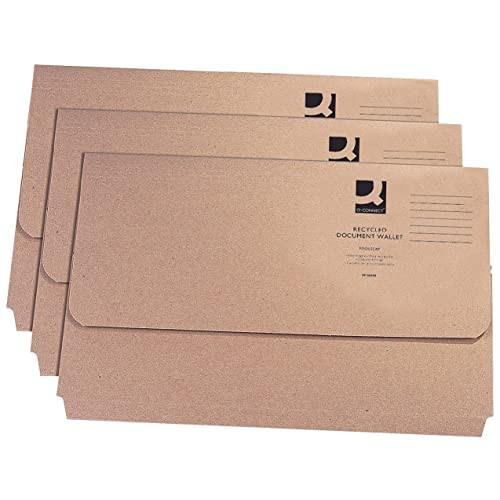 Q-Connect Document Wallet Foolscap Buff (50 Pack) KF26090, Brown, set of five recycled buff-colored foolscap document wallets with flap closures suitable for filing and storage.