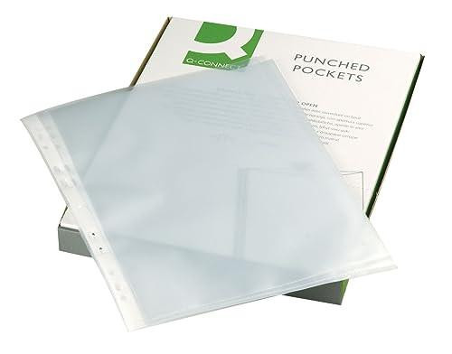 Q-Connect Punched Pocket A4 50micro, Orange Peel Pack of 100, transparent punched plastic pockets with side holes on a white background.