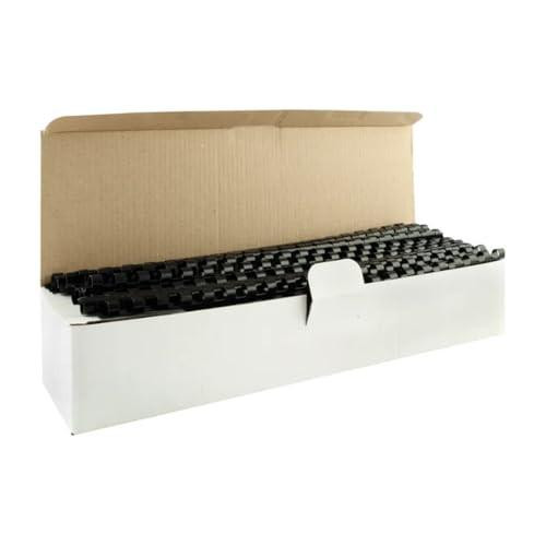 Q-Connect Black 8mm Binding Combs (Pack of 100), black binding combs arranged inside a white box with an open cardboard lid.