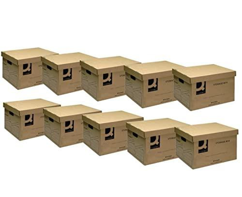 Q-Connect Storage Box 335x400x250mm Brown Pack of 10, sturdy brown plastic storage boxes with lids for organizing office and home supplies.