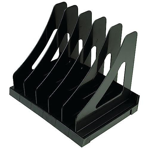 Q-Connect Executive Book Rack Black, a black plastic organizer with multiple vertical slots for storing and displaying books or files.