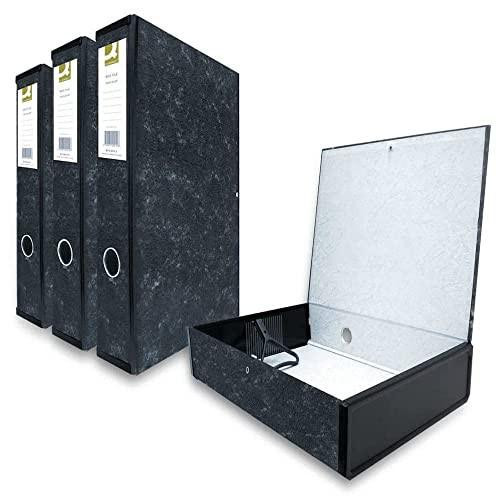 Q-Connect Box File Foolscap Cloud Pack of 10, Black, with one open storage box showing size and design.