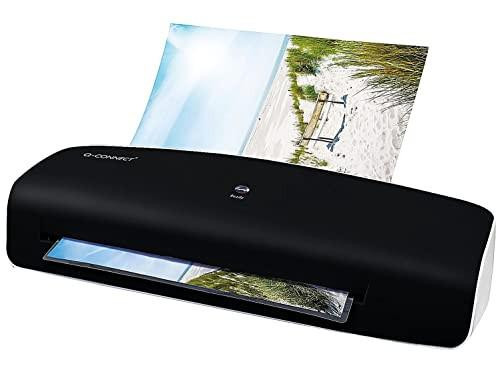 Q-Connect A4 Standard Laminator, black laminating machine with a sheet of laminated paper coming out.