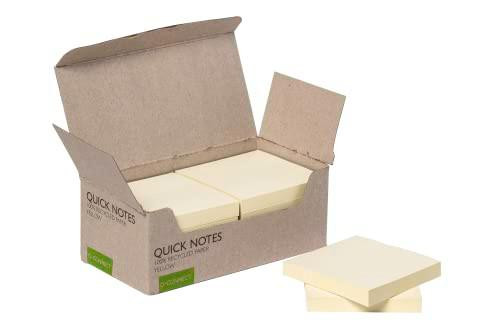Q-Connect Recycled Notes 76x76mm Yellow, pack of 12, in a cardboard box with some notes outside.