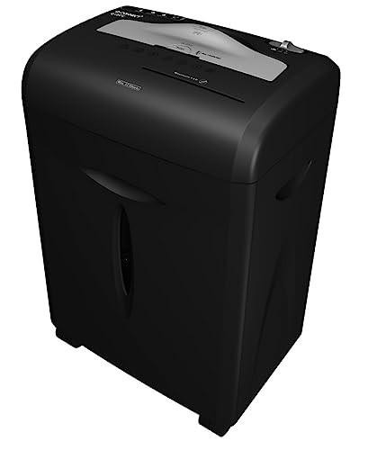 Q-Connect Q12cc Cross Cut Shredder, Black, modern office paper shredder with top loading slot and sleek black design for secure document destruction.