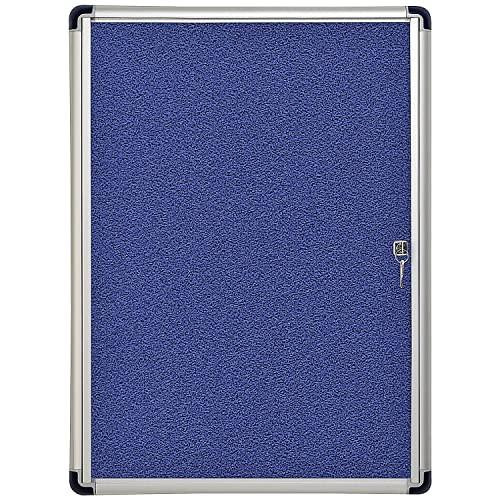 Q-Connect 900 x 600 mm Internal Display Case, blue fabric-covered lockable notice board with aluminum frame.