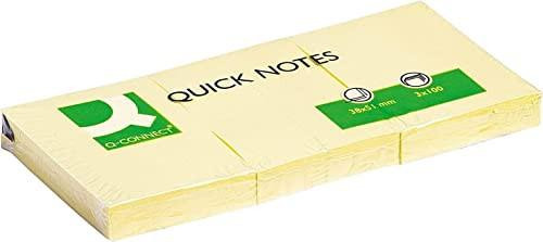 Q-Connect Quick Notes 38 x 51mm Yellow (12 Pack) KF10500, a stack of yellow sticky notes with the Q-Connect logo and product details on the packaging.