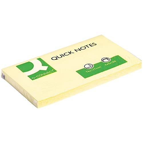 Q-Connect 76 x 127mm Quick Note Repositionable Pad - Yellow, 12 pack, with yellow sticky notes featuring black text and reclosable adhesive backing.