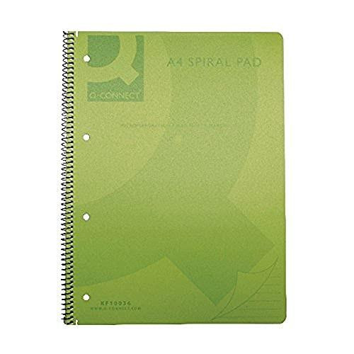 Q-Connect A4 Spiral Bound Polypropylene Notebook, 160 Pages, Green, Pack of 5, showing a smooth green cover with spiral binding on the left side.