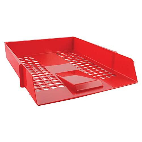 Q-Connect Letter Tray Red, a red plastic letter tray with a slanted design and multiple circular holes for organizing documents.