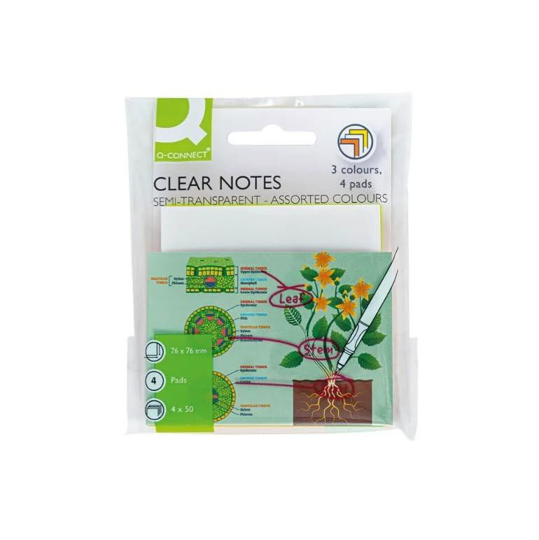 Q-Connect Clear Notes 76x76mm Semi-Transparent Assorted (Pack of 4), image of transparent sticky notes in assorted colors with packaging.