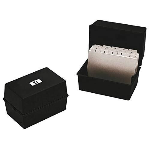 Q-Connect Card Index Box 152 x 102mm Black KF10010, a compact black storage box with index cards organized inside for efficient filing.
