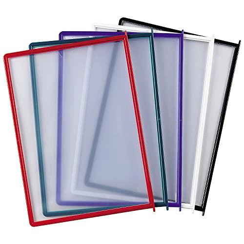 Q-Connect Assorted Quick Finder Pockets - Pack of 10, set of colorful plastic document folders in red, blue, green, purple, white, and black with transparent pockets.