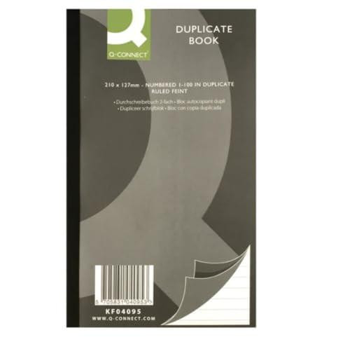 Q-Connect Feint Ruled Duplicate Book, 210 x 127 mm, front view showing the cover with product branding and barcode.