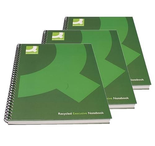 Q-Connect Recycled A5 Wirebound Book - Pack of 3, green recycled executive notebooks with spiral binding and green covers.