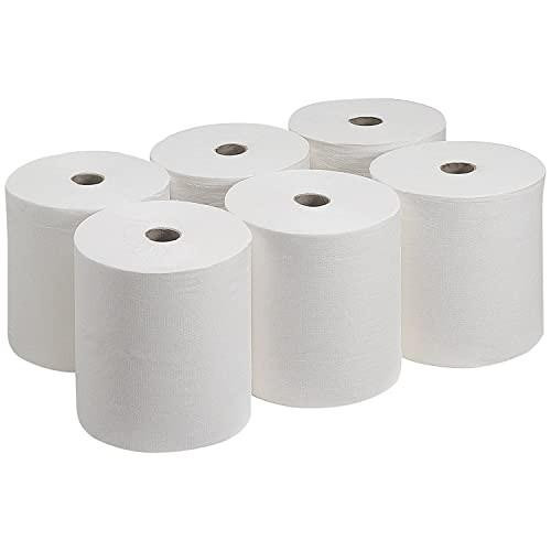 2Work 2-Ply Centrefeed Roll 150m White, six white industrial paper rolls for cleaning and wiping purposes.