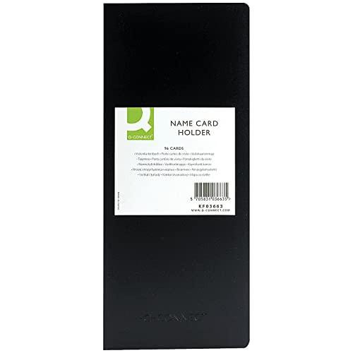 Q-Connect Polypropylene Name Business Card Holder 96 Card Black, rectangular black plastic storage case for business cards with label showing product details.