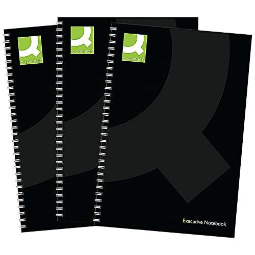 Q-Connect Hardback Wirebound Book, A5, Black, Pack of 3, showing three black hardcover notebooks with white spiral bindings and green and white Q-Connect logo on the cover.