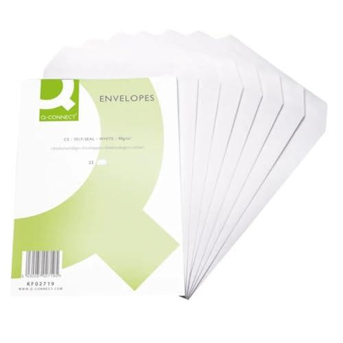Q-Connect C5 Envelopes Pocket Self Seal 90gsm White Pack of 500, image showing a box of white self-sealing envelopes fanned out.
