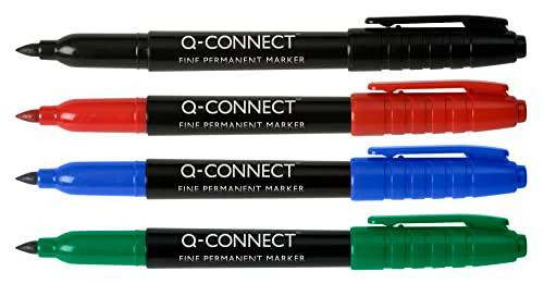 Q-Connect Permanent Marker Bullet Tip Fine Assorted, set of 4 colored markers in black, red, blue, and green with black bodies and colored caps.