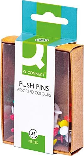 Q-Connect Push Pins Assorted (Pack of 250), image showing a box of assorted color push pins with a transparent window revealing the pins inside.