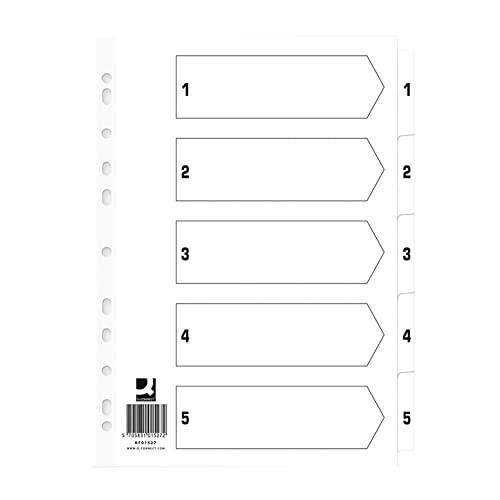 Q Connect Index 1-5 Board Reinforced White, 50 Pack, with numbered index tabs on white reinforced plastic page for organizing documents.