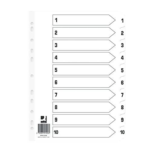 Q Connect Index 1-10 Board Reinforced White, a white plastic index divider with numbered tabs from 1 to 10, designed for organizing files and documents.