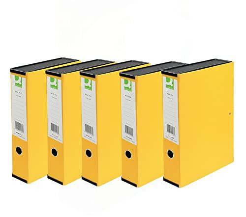 Q-Connect 75mm Box File Foolscap Yellow, set of five yellow filing boxes with black spine labels for organization.