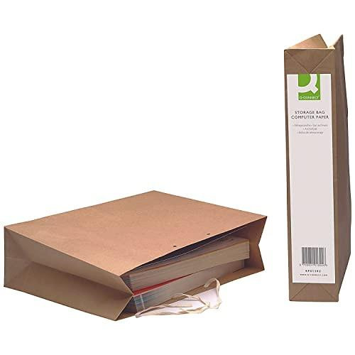 Q-Connect Manilla Computer Paper Storage Bag (25 Pack), brown paper storage bag filled with documents and stacked on a flat surface.