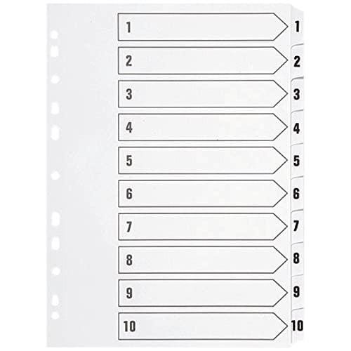 Q-Connect 1-10 Index Multi-punched Polypropylene White A4, a sheet of white polyproplyene with 10 labeled index tabs for organization and filing.