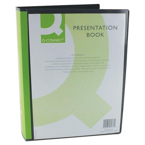 Q-Connect Presentation Display Book 100 Pocket A4 Black KF01271, A4-sized black presentation display folder with 100 transparent pockets for organizing documents.