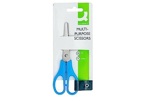 Q-Connect Ergonomic All Purpose Scissors 130mm Stainless Steel Blades Red or Blue Handle, image of the scissors in retail packaging with blue handles and stainless steel blades.