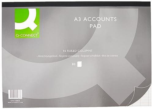 Q-Connect A3 16-Column Analysis Pad, grey and white grid pattern with label indicating A3 accounts pad with 16 ruled columns.