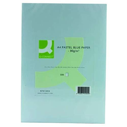 Q-Connect KF01094 Coloured Copier Paper A4 80gsm Ream Blue, pastel blue A4 paper pack with label, barcode, and product details.