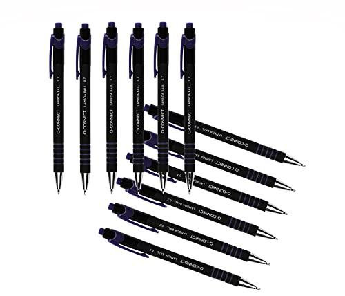 Q-Connect Lamda Ballpoint Pen Medium Blue 12 Pack, close-up image showing black pens with blue accents and clip, designed for writing comfort and smooth ink flow.