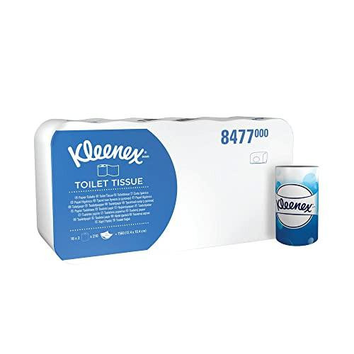 Kleenex Toilet Tissue Roll Small White, pack of 36, featuring a white roll with blue branding on packaging.