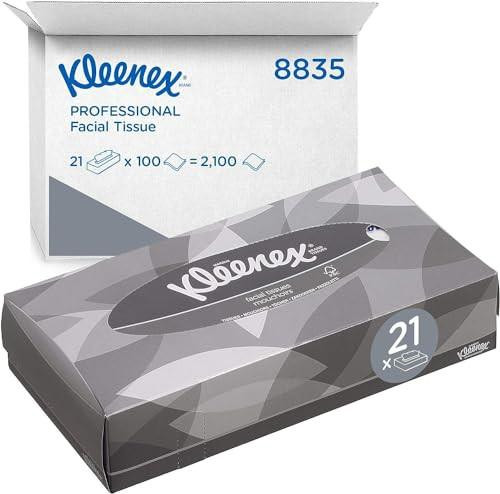 Kleenex facial tissue box 8835, soft, strong, absorbent, white, 2-ply, fragrance-free, containing 2100 tissues in 21 packs of 100 tissues each, displayed in its packaging.