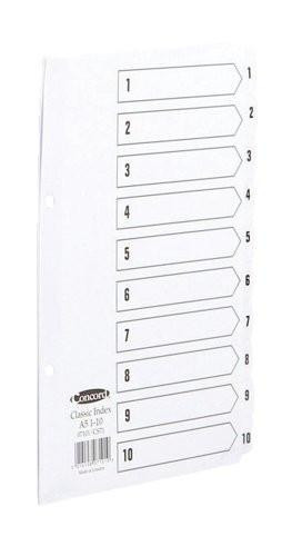 Concord Classic Index Mylar-reinforced Punched 2 Holes 1-10 A5 White Ref 07101/CS71, a white index page with numbered tabs from 1 to 10 for organizing documents.