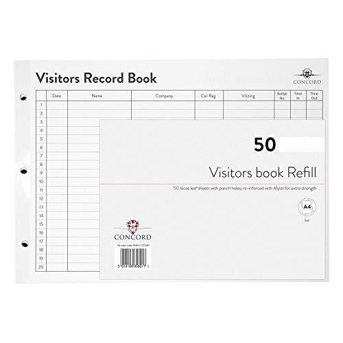 Concord CD14P Refill for Visitors Book, 50 Sheets, 2000 entries, 230x355mm, black, showing refill pack with 50 sheets and sample visitor record sheet in the background.