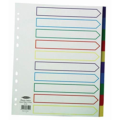 Concord Punched Pocket Dividers Plastic Multicolour-tabbed 10-Part Extra Wide A4 White, image of a pack of 10 colorful plastic dividers with labels for organizing A4 documents.