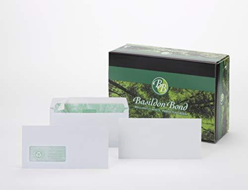 Basildon Bond DL Recycled White 120gsm Peel & Seal Wallets, box of 500 envelopes with green seal closures and plain white design.