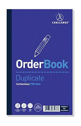 Challenge Duplicate Order Book, Carbonless, 100 Pages, 5 pack, blue cover with white and purple text and an illustration of a pen