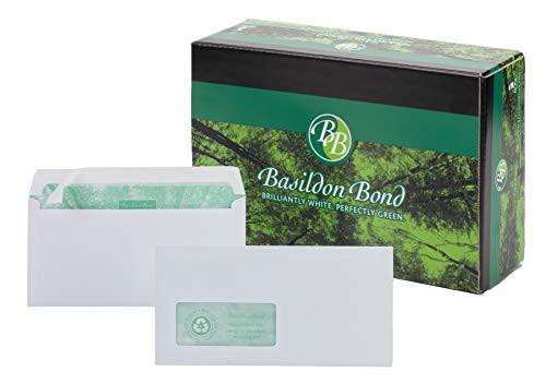 Basildon Bond DL White Peel And Seal Wallet Envelope, 120 gsm, Pack of 500, with a box showing a nature scene and two white envelopes in the foreground.