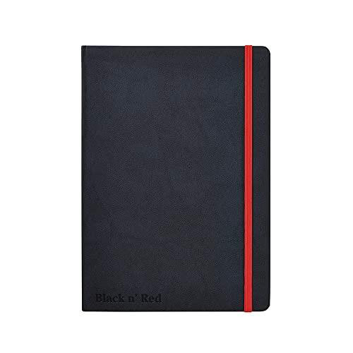 Oxford Black N' Red Journal, A5 Notebook Casebound with lined and numbered pages, 144 pages, with a black cover and a red elastic strap for closure.