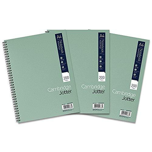 Cambridge Jotter A4 Notebook, Wirebound, Lined, 200 Pages, Pack of 3, green, with textured covers and spiral binding.