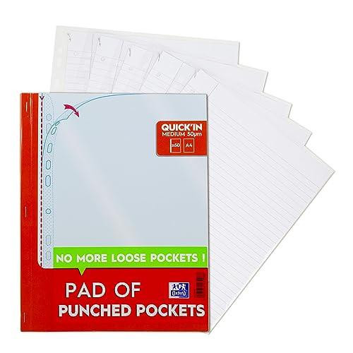 Oxford Tear-Out Pad of Poly Pockets, 60 Punched Plastic Wallets A4, Heavy Duty, with lined sheets and punched holes for binding.