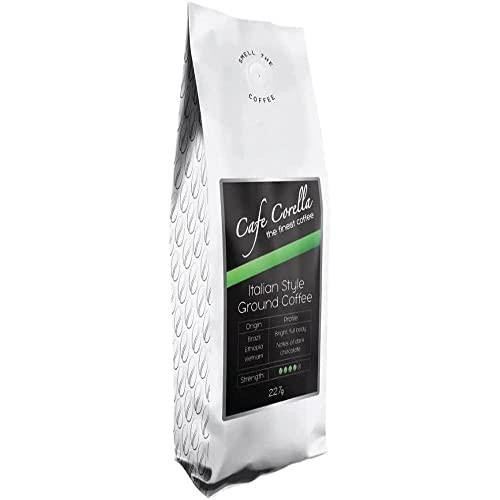 Cafe Corella Ground Coffee 227g, a silver bag of Italian style ground coffee with a digital label displaying the brand, flavor profile, origin, and nutritional information.