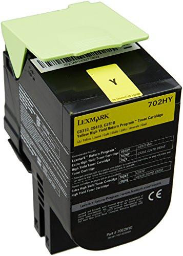 Lexmark 702hy High Capacity Return Program Toner Cartridge - Yellow, with a yellow lid open to reveal the toner fill port and label details.
