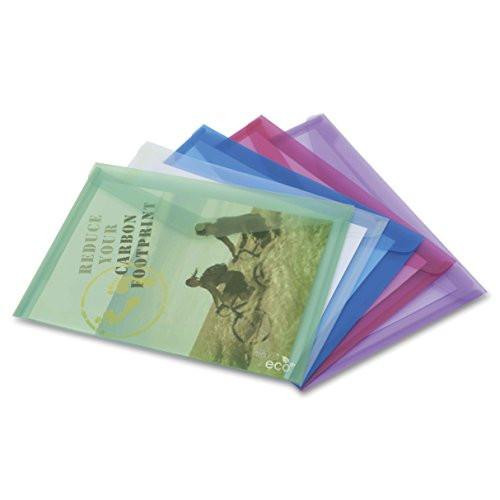 Rapesco 1039 ECO Popper Wallets, A4, Assorted Transparent Colours, Pack of 5, colorful transparent document wallets with green, blue, pink, purple, and white colors.