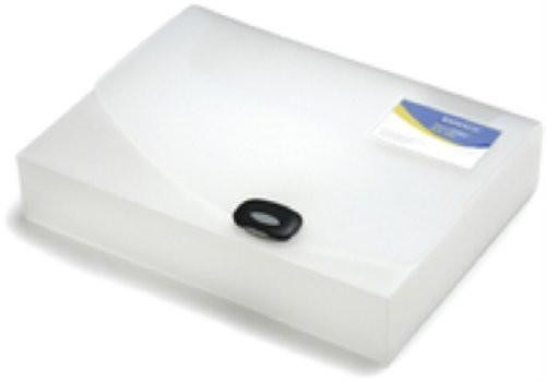 Rapesco 0711 Rigid Box File, 40 mm Spine, A4, Transparent, with a black handle and a label on top.